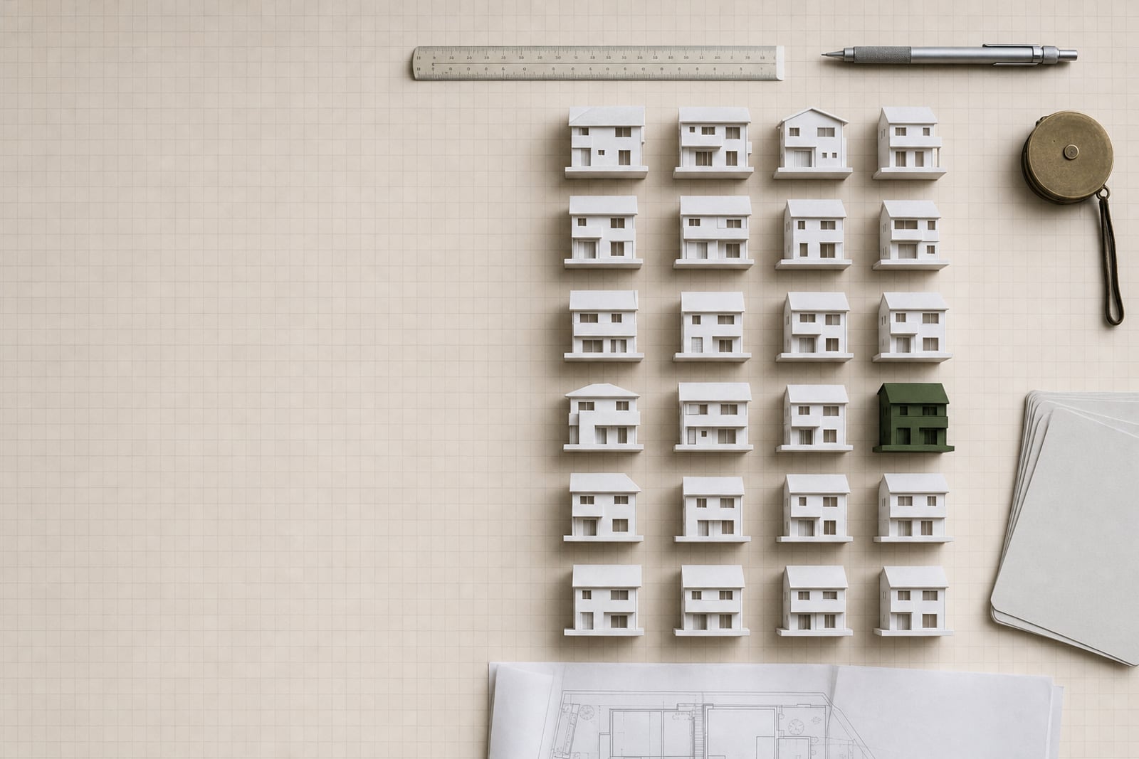 方眼紙の上に並べた住宅の模型と製図道具