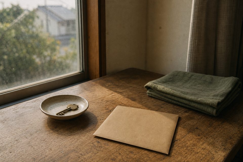 古い家の鍵と封筒に入った書類